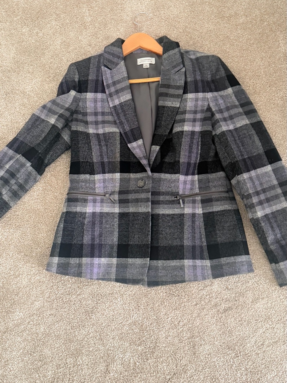 Tahari Black, Gray & Lavender Plaid Tailored Blazer